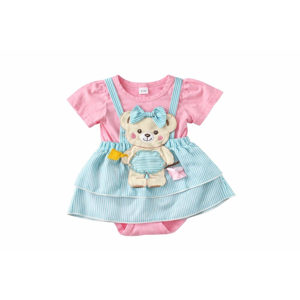 Boutique Baby Girl 9-12M Teddy Bear Dress Outfit Pink Teal Striped SpringSummer